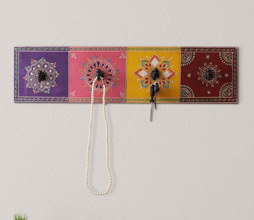 Handpainted Wooden Key Holder With 4 Hooks