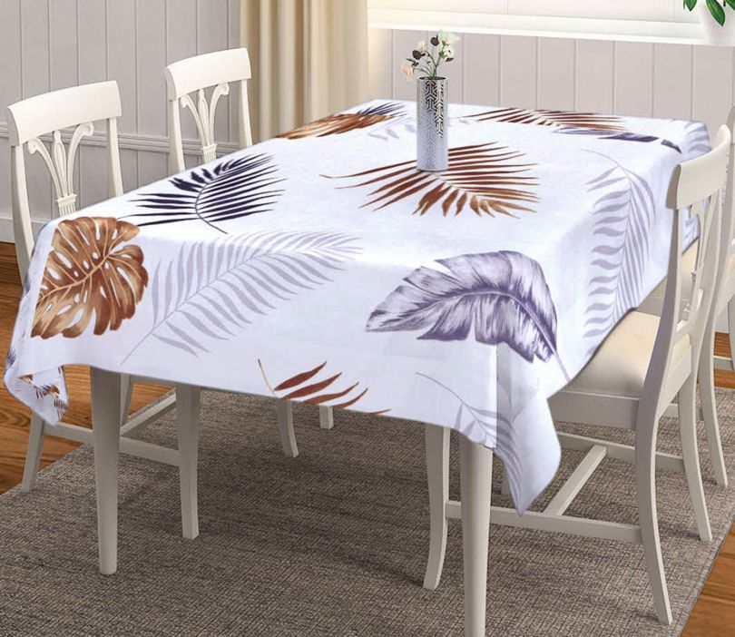 White Leaf Printed Cotton Blend 6 Seater Table Cover