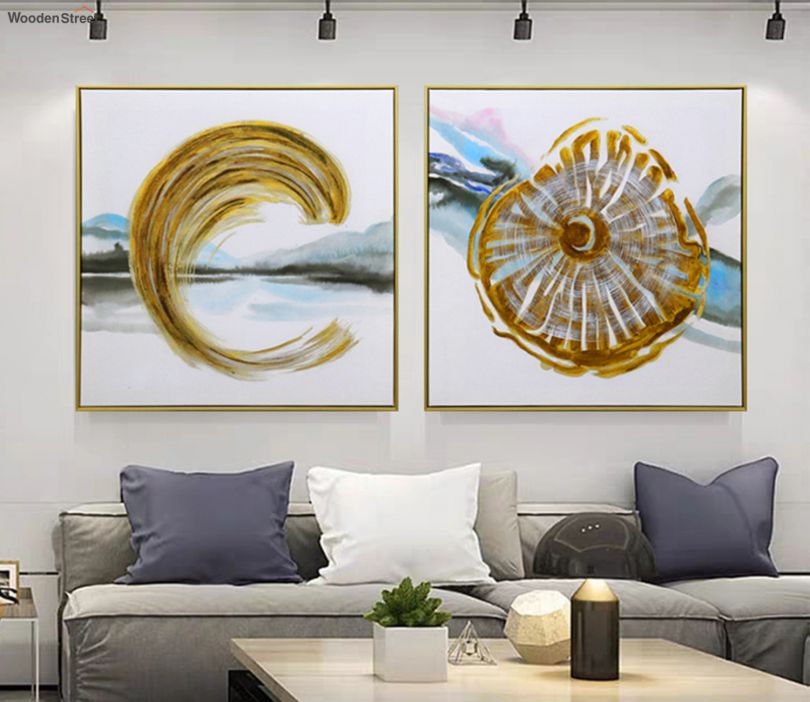 Set Of 2 Gold Leaf-Toned and White Abstract Canvas Wall Art-60 cmx60 cmx2 Pcs