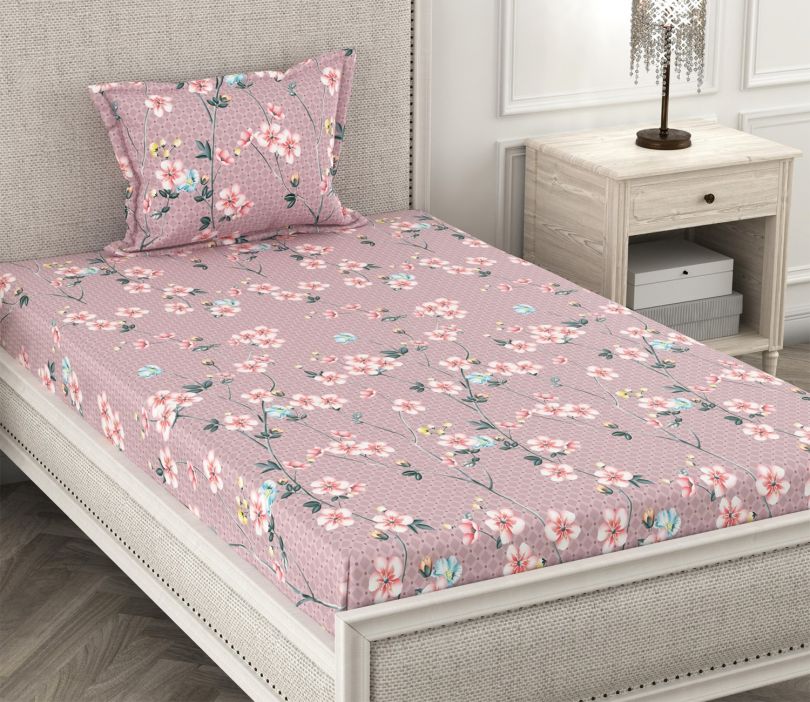 Pink Floral Pattern Polycotton 210 TC  Single Bedsheet With 1 Pillow Cover