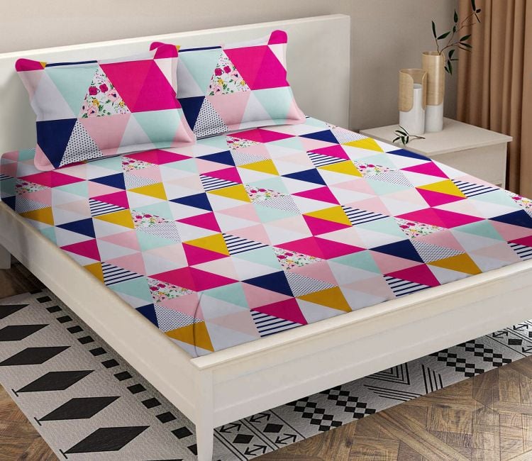 Buy Bedsheets Online | Pink Floral Queen Size Bed Sheet With 2 Pillow Covers