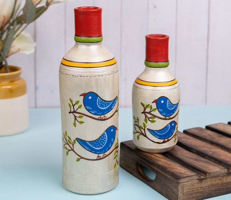 Bird Gold Bottle Terracotta Vases (Set of 2)