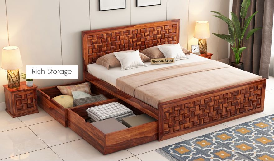 Howler Bed With Side Storage King Size Honey Finish In India Wooden Street Howler Bed With Side Storage King, Wooden King Size Bed With Storage