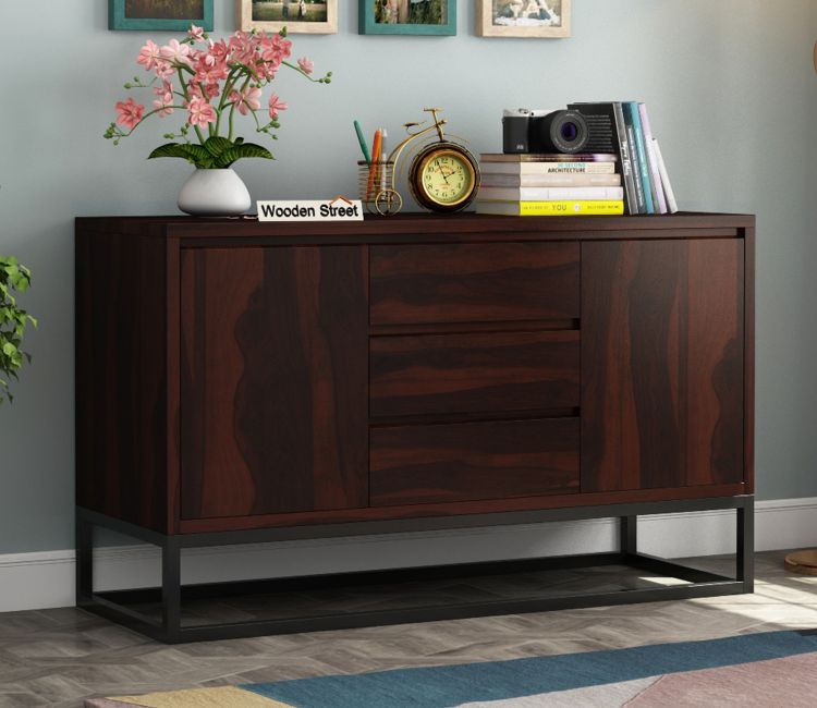 Buy Wooden Storage Cabinets Online | Ray Loft Three Drawer Sheesham wood Sideboard Cabinet (Walnut Finish)