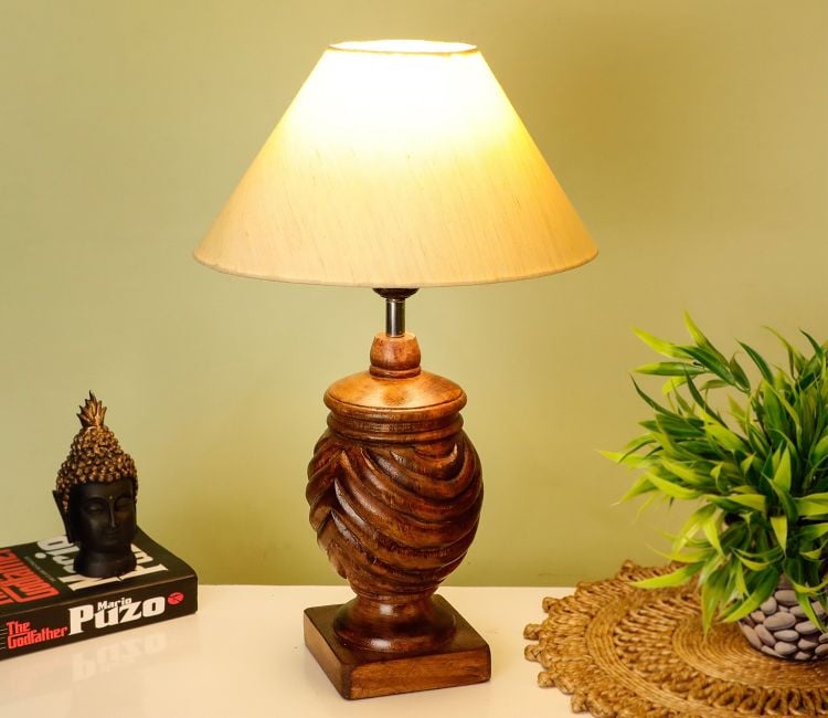 Handmade Coffee Colour Wooden carved rings Table Lamp with Beige Fabric Shade