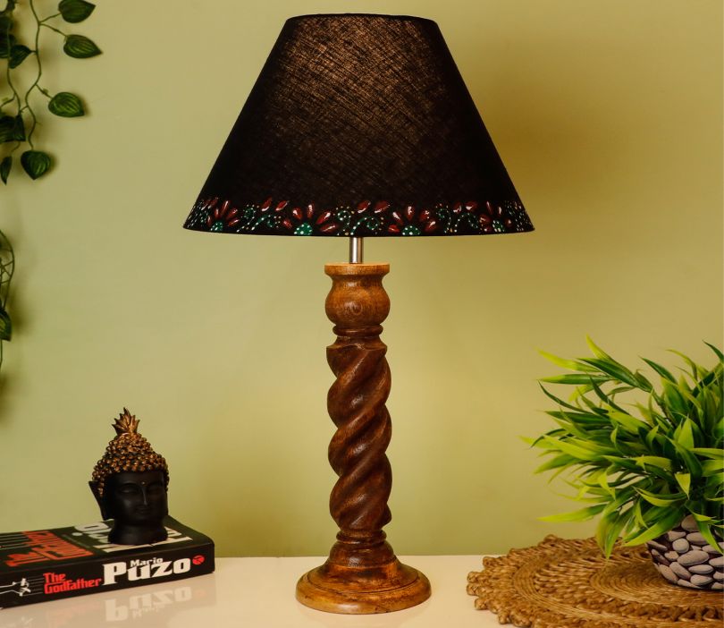 Handmade Coffee Colour Wooden carved Rope Table Lamp with Black Fabric Shade with Handpainted Border