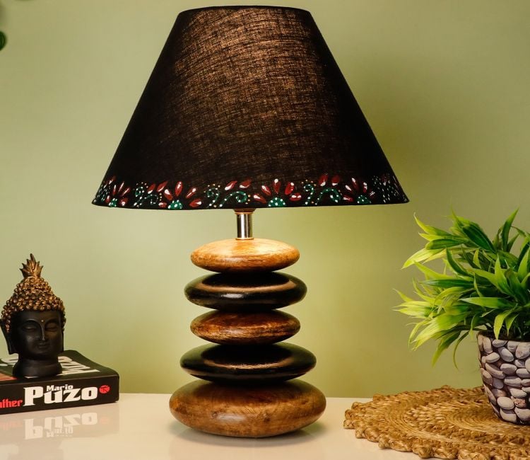 Wooden Black & Brown colour stone table lamp with Black fabric shade