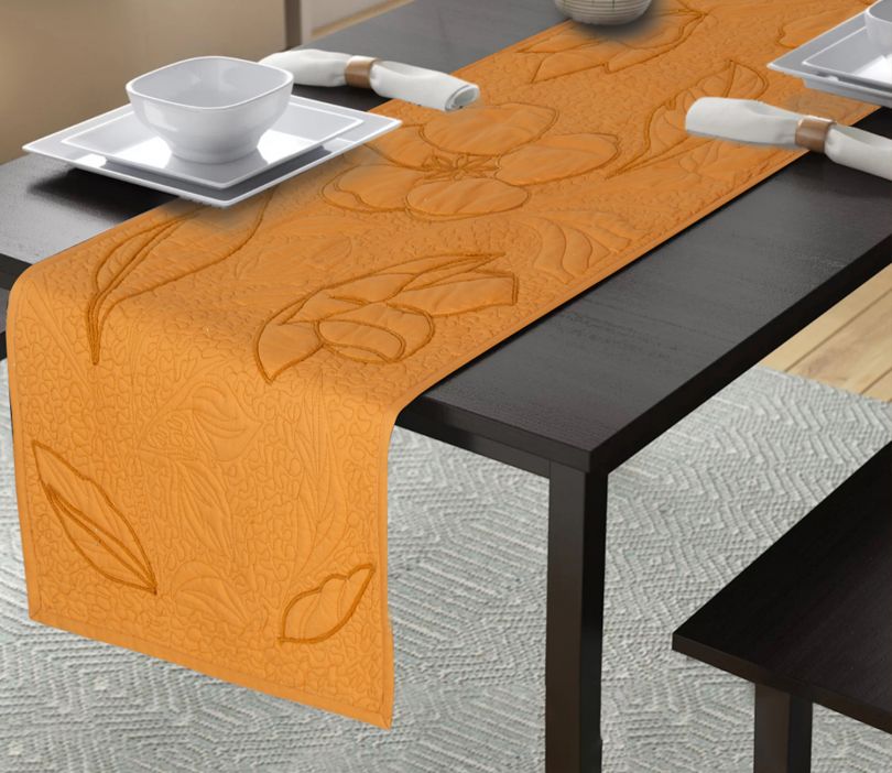 Cotton Quilted and Embroidered Table Runner (Orange, 72 x 14 Inch)