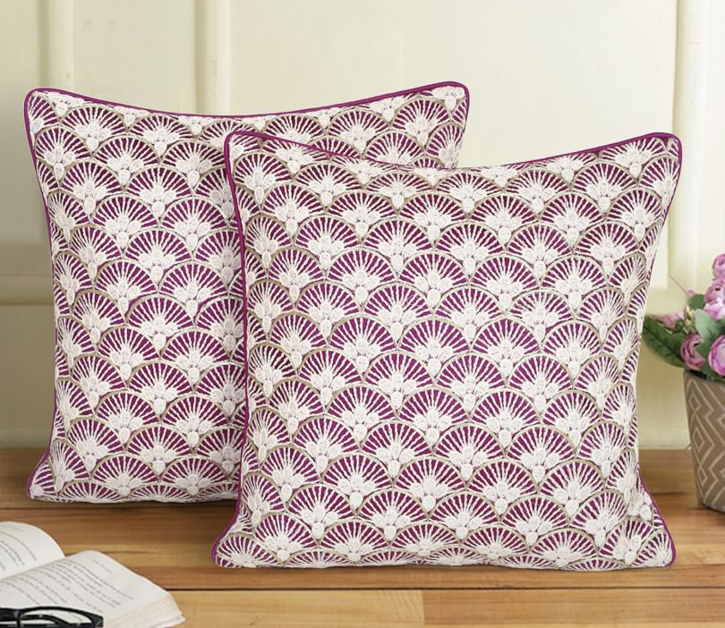 Polyster Embroidered Set of 2 Cushion Cover (Purple, 16 x 16 Inch)