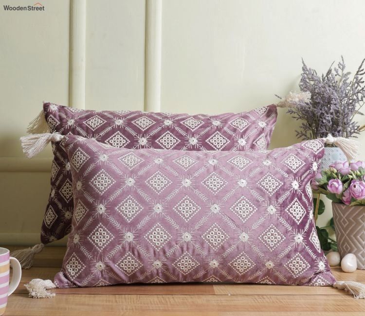 Super Soft Ethnic Design Set of 2 Embroidered Cushion Cover (Purple, 20 x 12 inches)