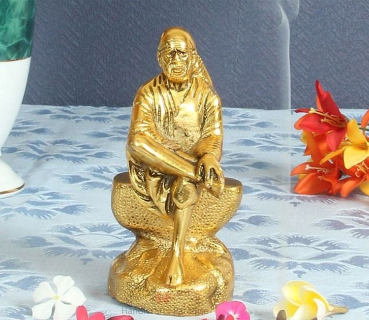 Antique Metal Gold Plated Sai Baba Sitting on Rock