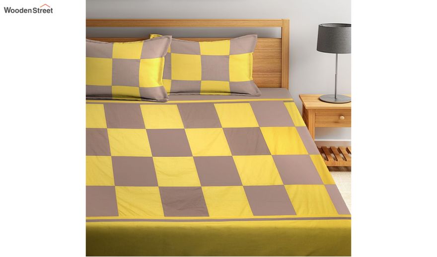 Grey And Yellow Check Pattern Super King Size Bed Sheet With 2 Pillow Covers In India Wooden Street Check Pattern Super King Size Bed Sheet, Grey Super King Size Bedding