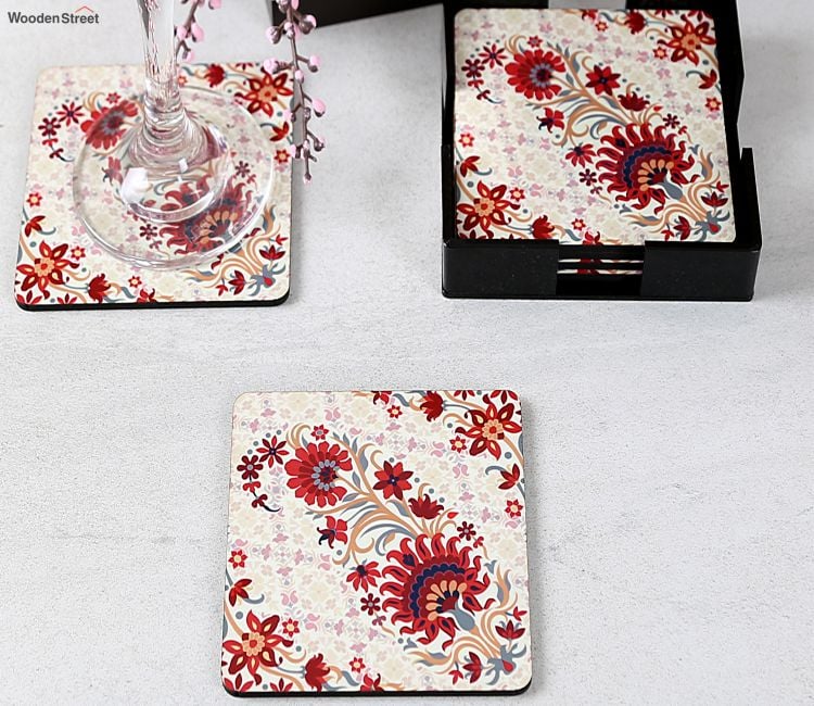 Paisley Wooden Coasters with Stand  - Set of 6