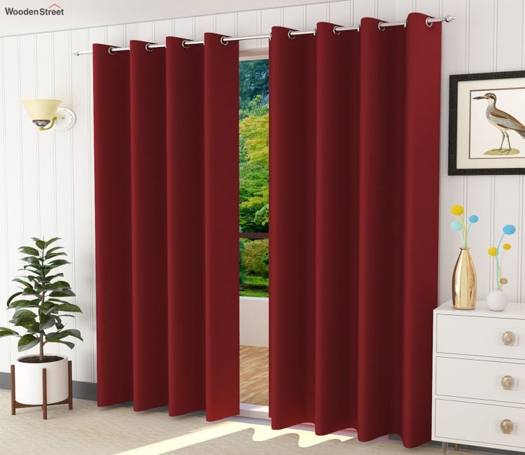 Solid Polyester Window Curtains Set of 2 (Red, 5 Feet)