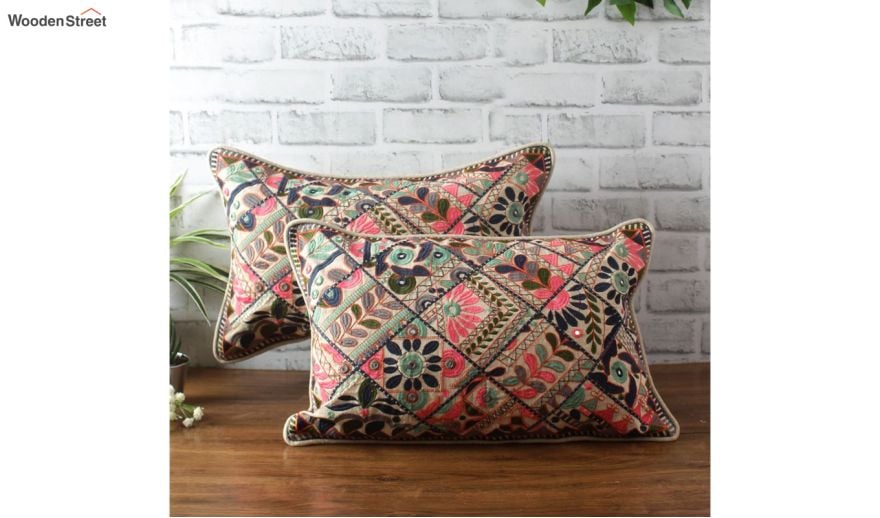 Multicolour Embroidered Cotton Cushion Covers - (20 x 12 inches)