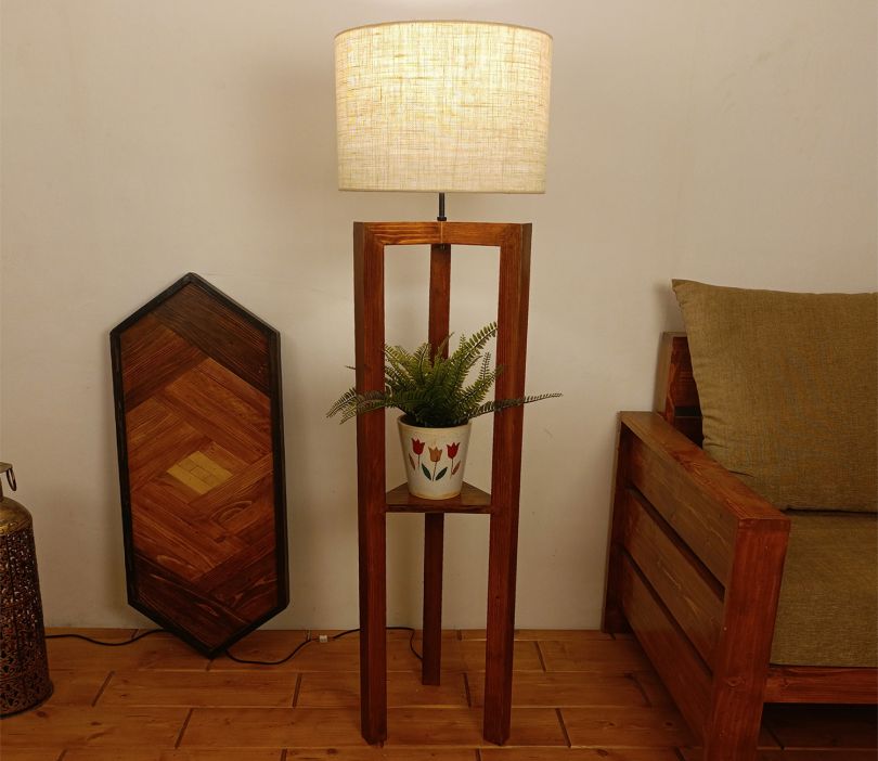 Triad Brown Wooden Floor Lamp with Shelf