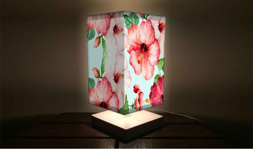 Light Blue And Pink Table Lamp With Flower Print Fabric Shade In India Wooden Street Flower Print Fabric Lamp Shade, Flower Lamp Shade