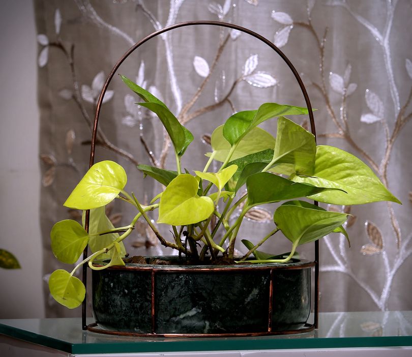 Green Marble with Copper Antique Metal Trellis Planter with Hanging Plant Stand for Indoor and Balcony Decor