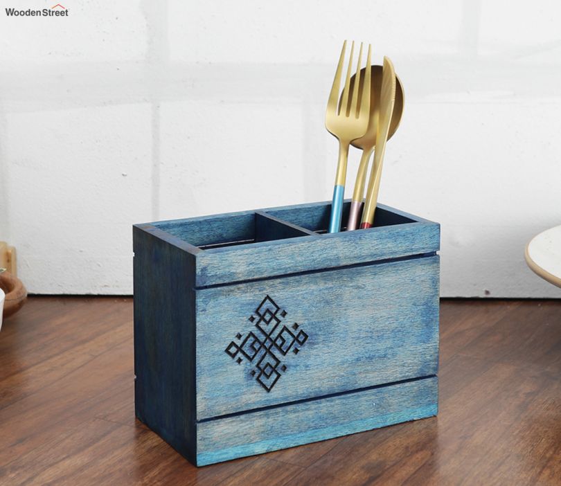 Hand-made Distress Blue Wooden Divided Spoon Holder