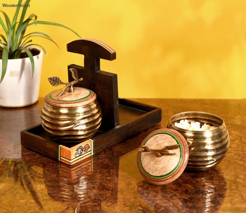 Handcrafted Wooden Jar Holder With Brass Jars