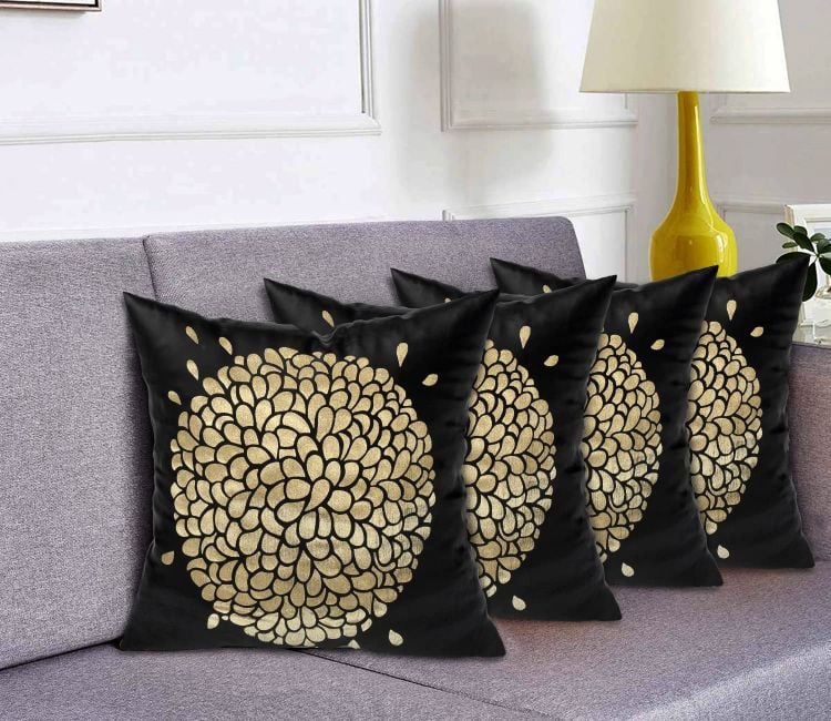 Floral Velvet Decorative Cushion Covers-Set of 4 (Black, 16 x 16 inches)