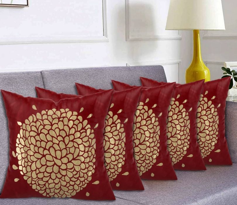 Floral Velvet Decorative Cushion Covers-Set of 5 (Maroon, 16 x 16 inches)