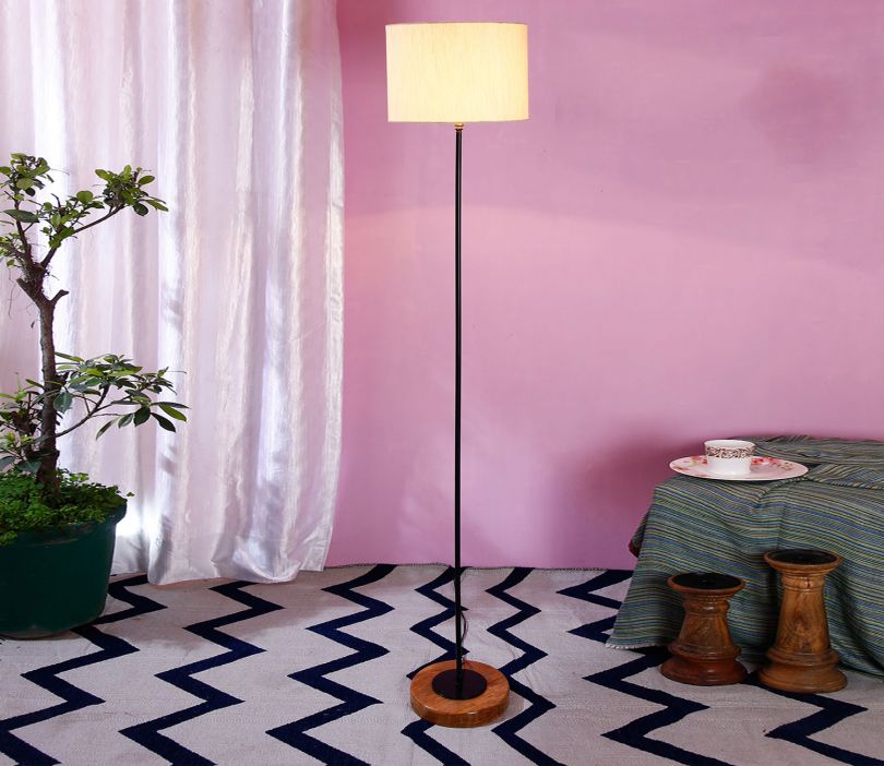 Drum Shade Stick Floor Lamp with Wood Round Base (Off White)