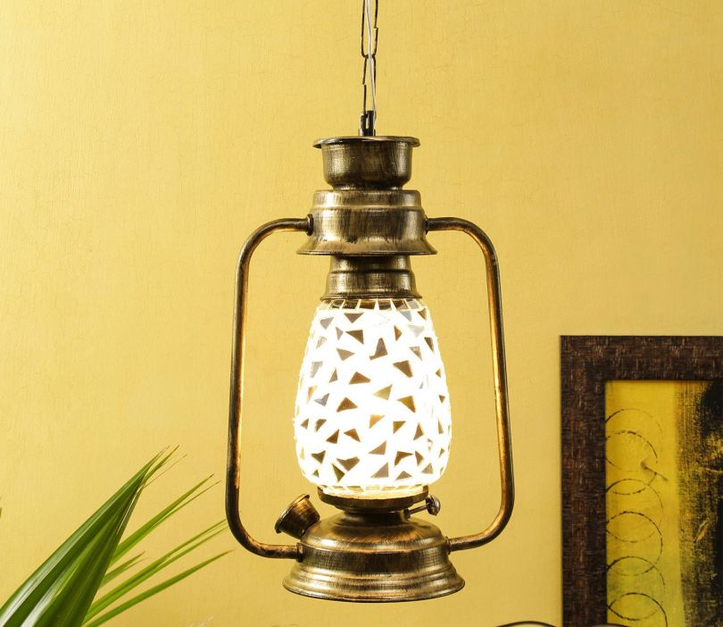 Gold Antique Milky Glass Lantern Hanging Lamp (Grey)