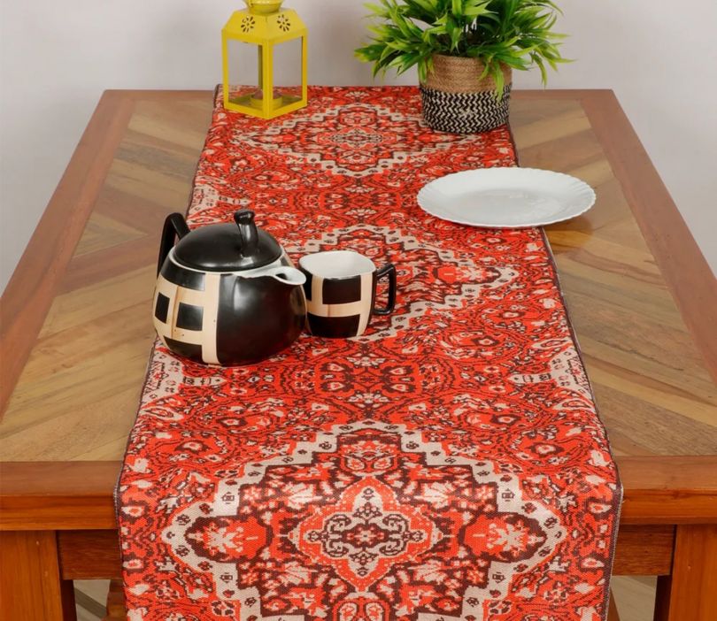 Cotton Polyester Printed Table Runner Abstract Diamond 54" x 14" Orange Cream Brown