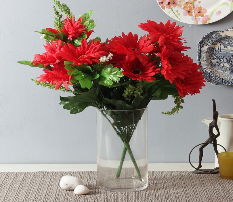 Beautiful Artificial Gerbera Flower Bunches (10 Heads, Set of 2, Red)