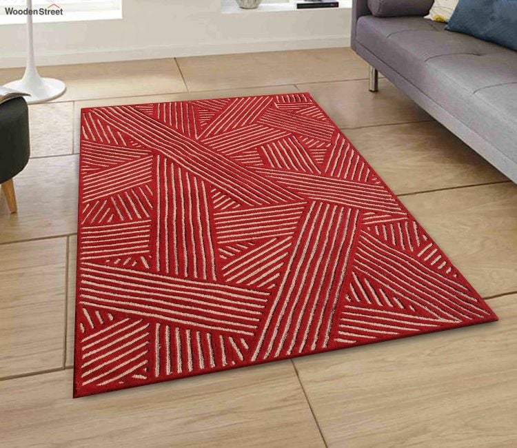 Red and Beige Color Geometric Hand Tufted Wool Carpet (3 X 5 Feet)