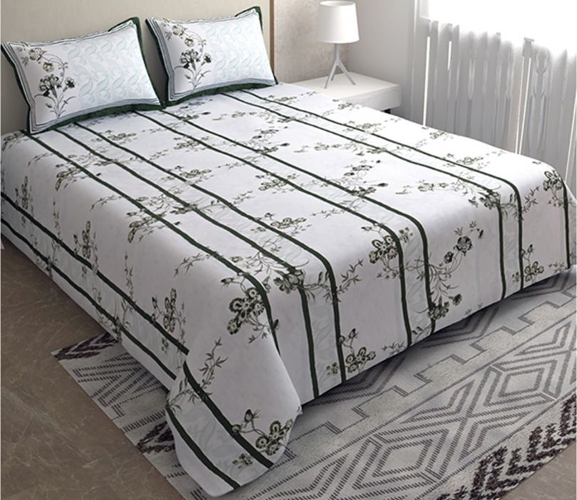 Green Floral Cotton 144 TC Double Bedsheet Set with Two Pillow Covers