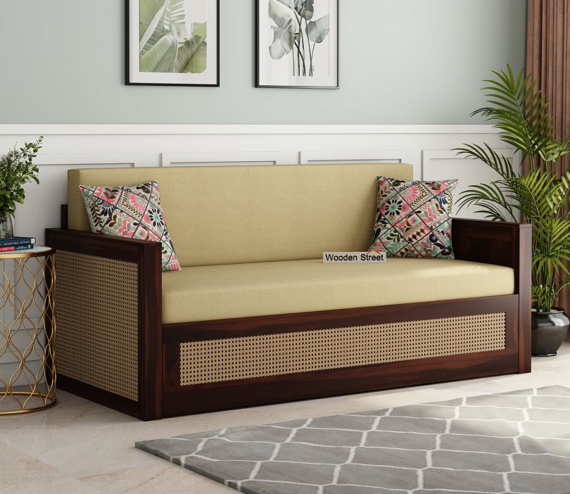 Walder 3 Seater Sofa Cum Bed with Cane (King Size, Walnut Finish)