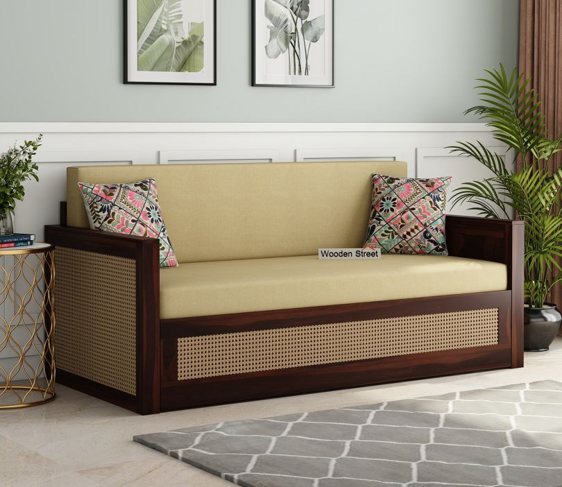 Walder Sheesham Wood 3 Seater Sofa Cum Bed with Cane (King Size, Walnut Irish Cream)