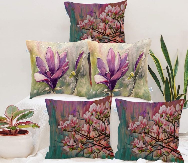 Canvas Cotton Floral Printed Cushion Covers Set of 5 (18 x 18 Inch)