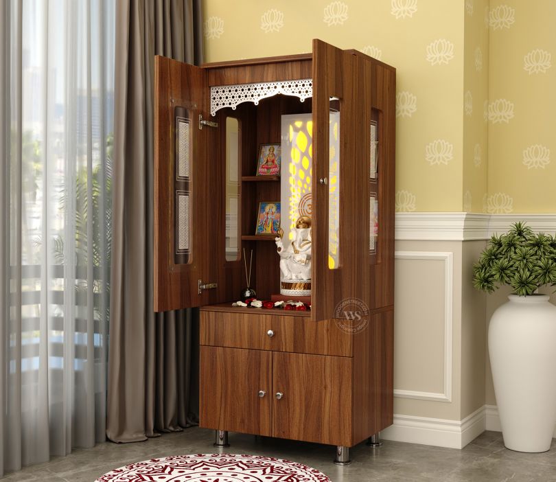 Front Image 1 - Atharv Engineered Wood Home Temple With Inbuilt LED Light System (Exotic Teak)
