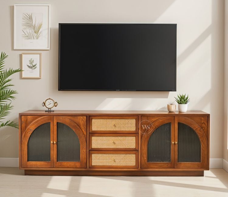 Windsor Ash Wood TV Unit Design with Drawer, Fluted Glass, Cane, and Brass Accents
