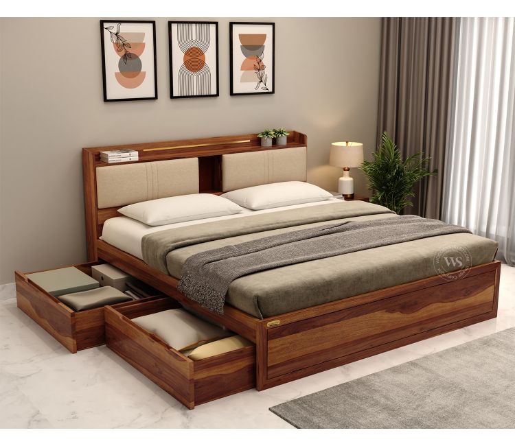 Wildon Premium Sheesham Wood Bed with Cushioned Headboard and Drawer Storage (King Size, Teak Finish)