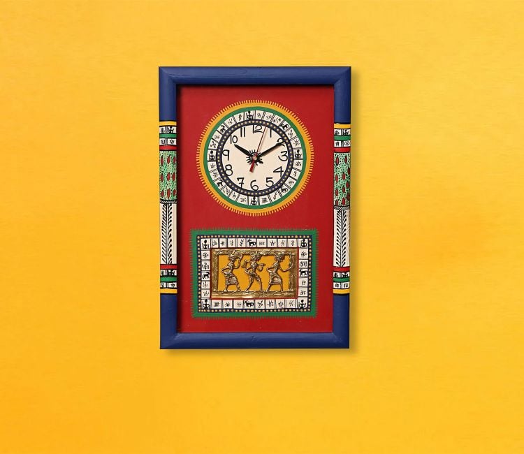 Red Handcrafted Dhokra Art Glass Frame Wall Clock