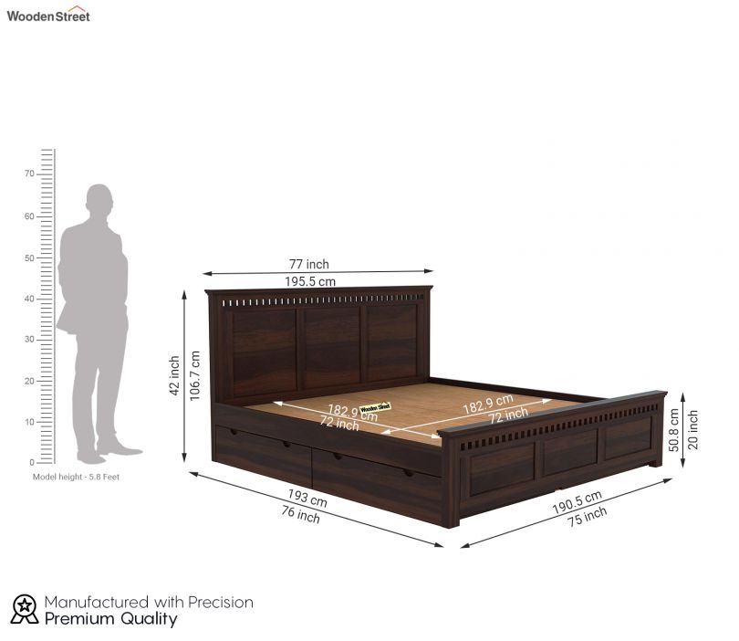 Dimension Image 1 - Adolph Compact Bed With Side Storage (King Size, Walnut Finish)