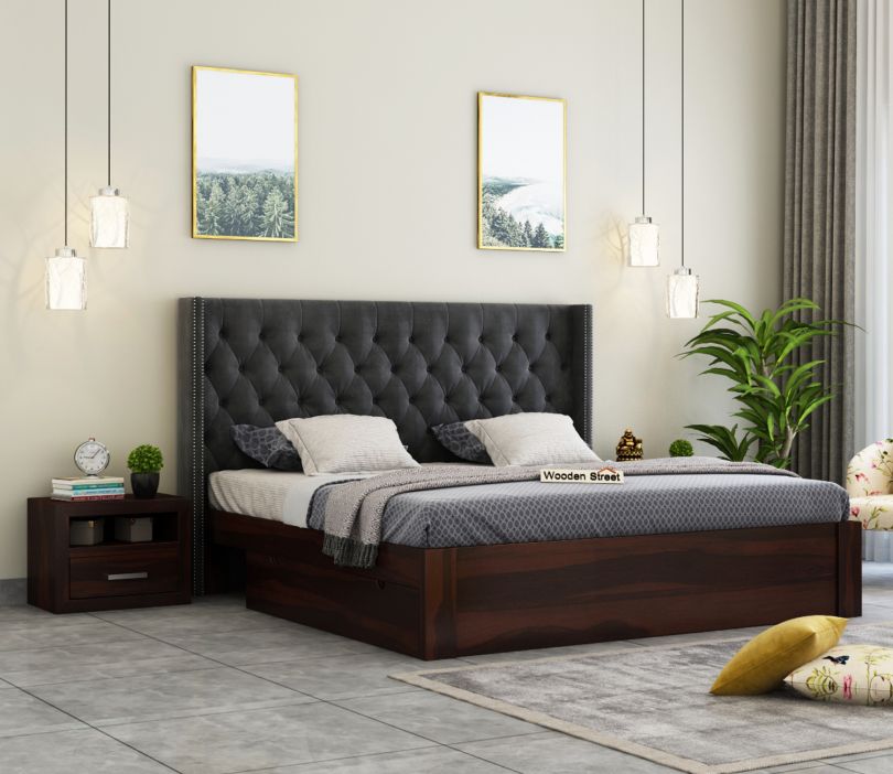 Drewno Sheesham Wood Upholstered Bed With Storage (King Size, Graphite Grey) Beds, King size bed, Upholstered Bed With Storage Drawers, solid wood double beds online