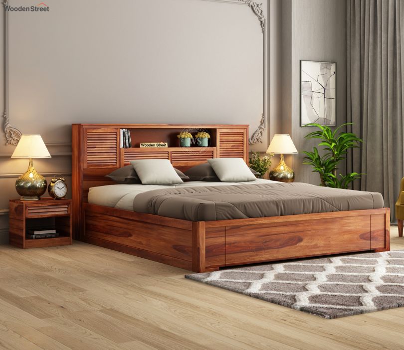 Ferguson Bed with Box Storage (King Size, Honey Finish) Wooden King size bed design, Bed, Beds Online, Wooden Bed
