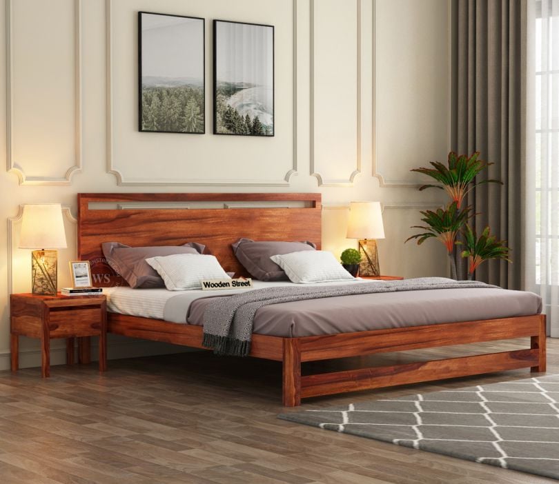 Bacon Queen Size Bed without Storage (Honey Finish) Queen Size Bed Designs | affordable queen bed price | new bed design 2025 | Beds, Bed online, Cots