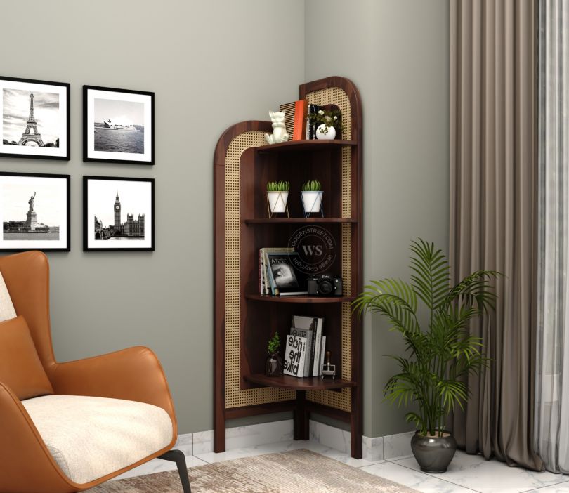 Front Image 1 - Tarika Sheesham Wood and Cane 4 Tier Corner Book Shelf (Walnut Finish)