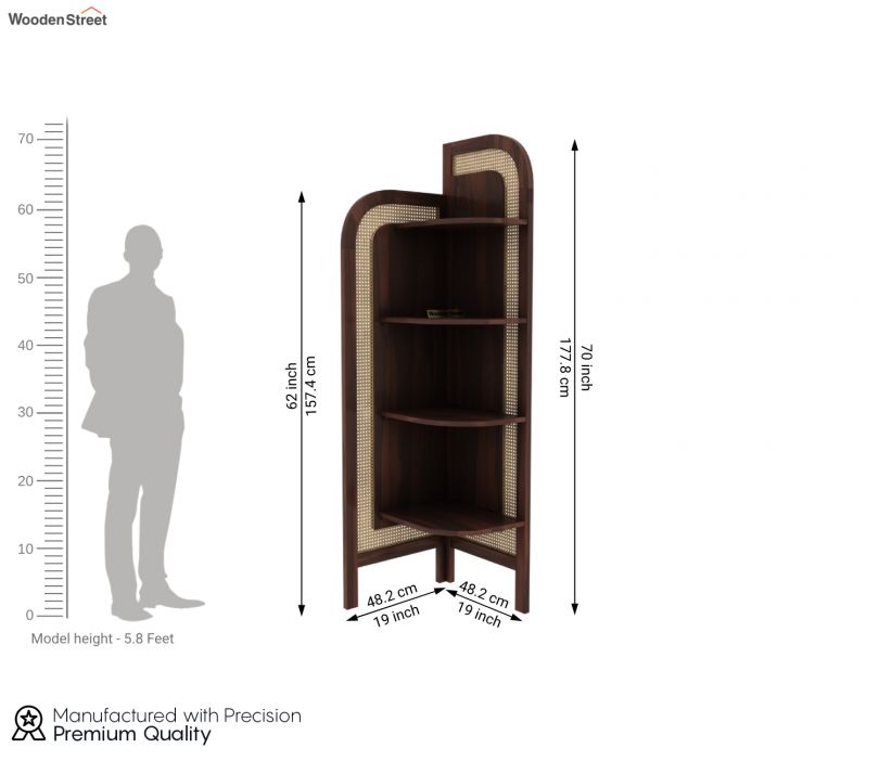 Dimension Image 1 - Tarika Sheesham Wood and Cane 4 Tier Corner Book Shelf (Walnut Finish)