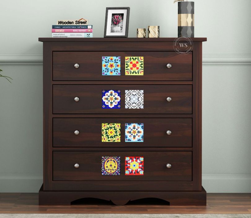 Front Image 1 - Boho 4-Drawer Wooden Chest Of Drawers (Walnut Finish)