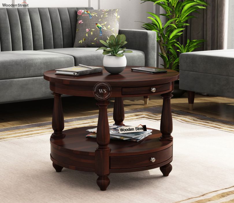 Front Image 1 - Alice Sheesham Wood Round Coffee Table with Drawers (Walnut Finish)