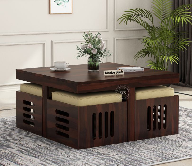 Front Image 1 - Petlin Sheesham Wood Coffee Table with 4 Seating Stools (Walnut Finish)