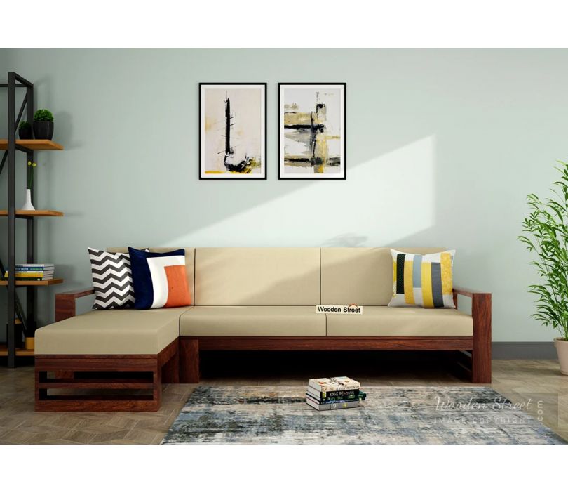Front Image 1 - Ryker L-Shape Left Aligned Wooden Sofa (Walnut Finish, Irish Cream)