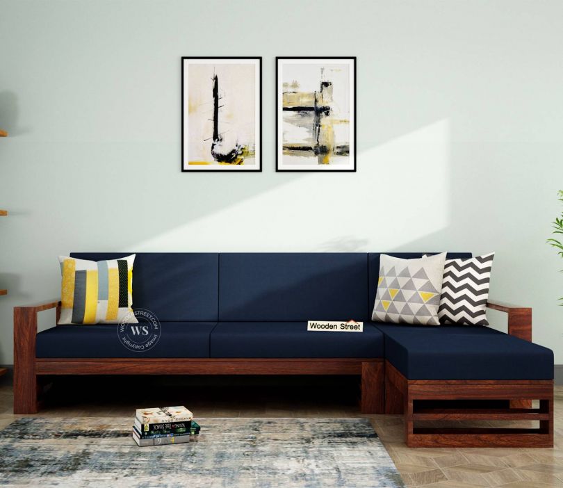 Front Image 1 - Ryker L-Shape Right Aligned Wooden Sofa (Walunt Finish, Indigo Ink)